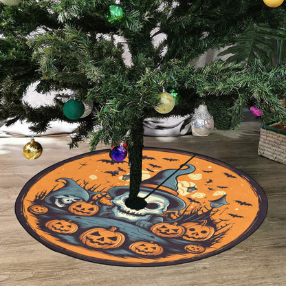Halloween Tree Skirt, Orange Black Skull Wizard Ghosts Christmas Stand Base Cover Home Decor Decoration All Hallows Eve Creepy Spooky Party