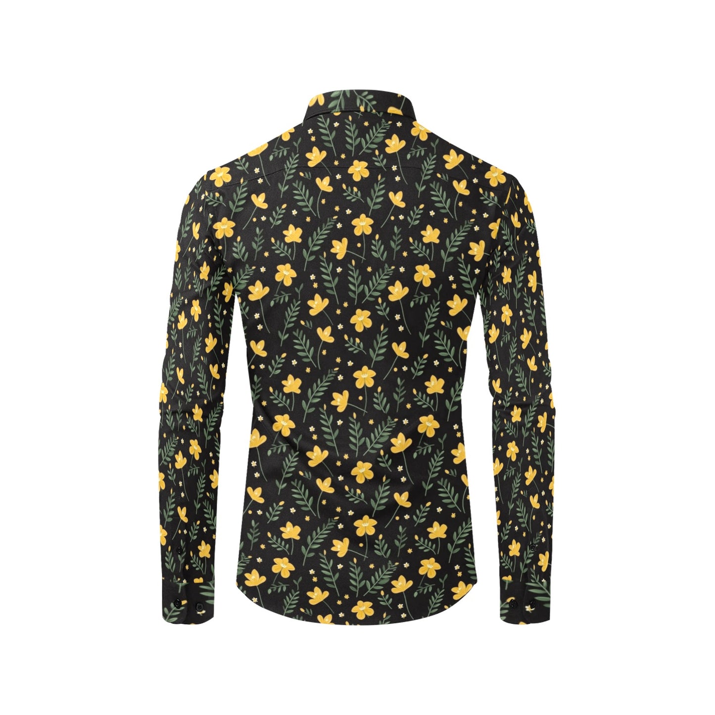Black Yellow Floral Long Sleeve Men Button Up Shirt, Leaves Flowers Print Casual Buttoned Collared Designer Dress Shirt with Chest Pocket Starcove Fashion
