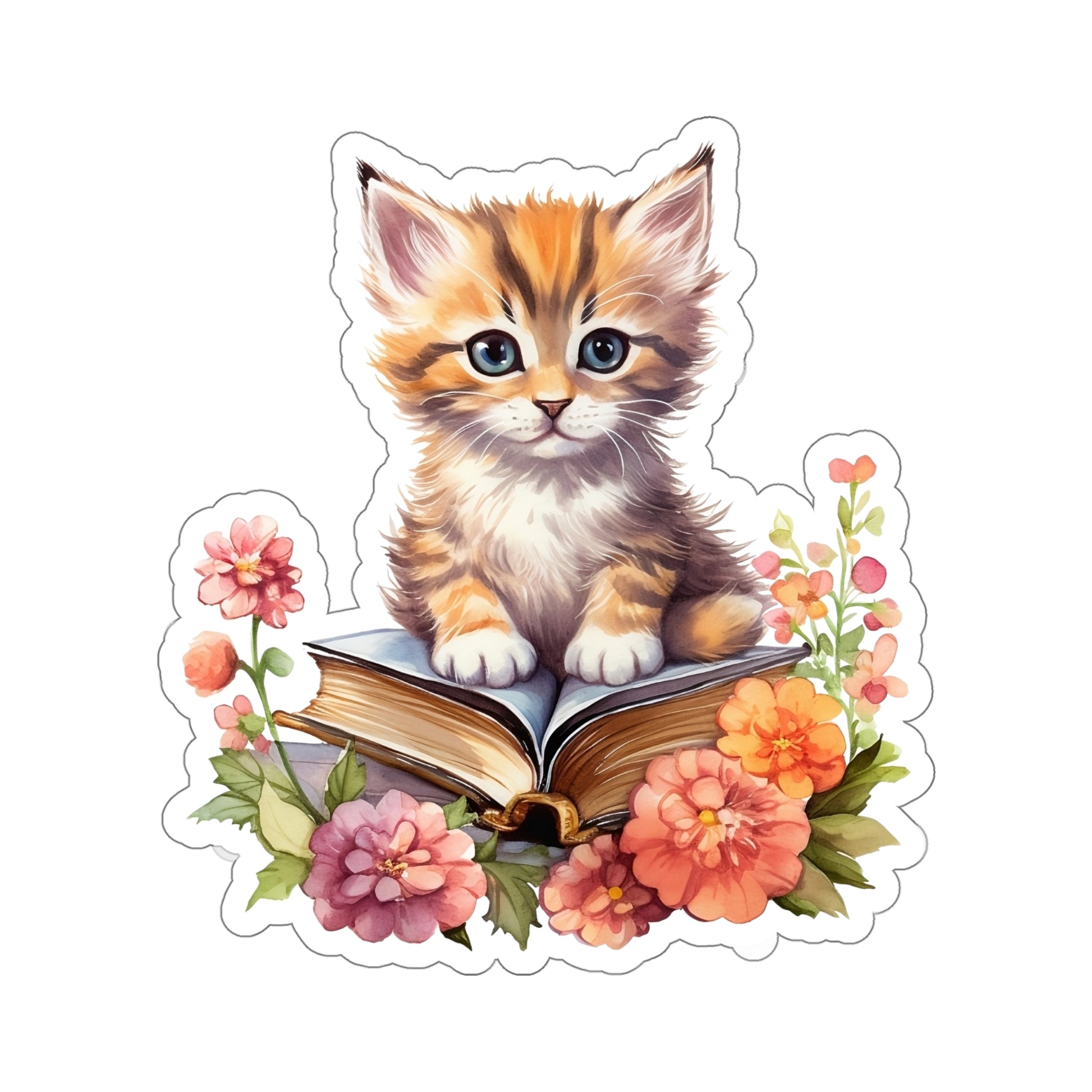 Cat on Books Sticker, Kitten Floral Flowers Reading Art Laptop Decal Vinyl Cute Waterbottle Tumbler Car Waterproof Wall Clear Starcove Fashion