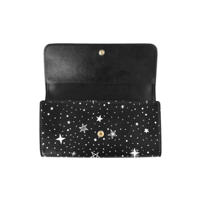 Stars Women Wallet, Space Black Faux Leather Trifold Long Clutch Credit Cards Coins Cash with Black Zipper Large Pocket Starcove Fashion
