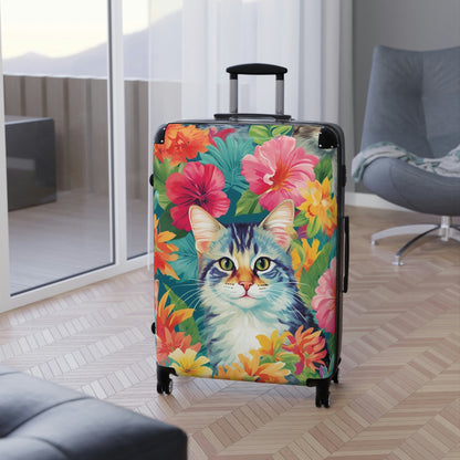 Cat Suitcase Luggage, Tropical Flowers Cute Carry On 4 Wheels Cabin Travel Small Large Set Rolling Spinner Designer Hard Shell Case Starcove Fashion