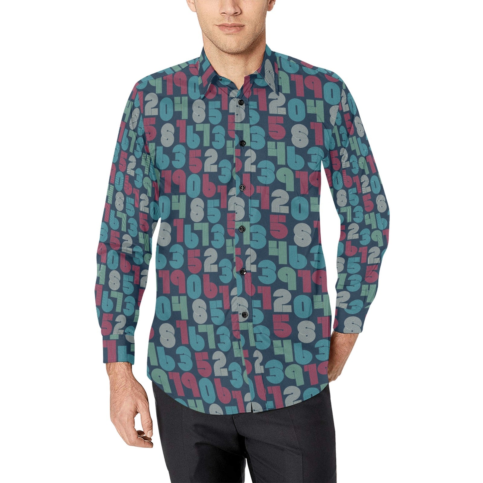 Retro Numbers Men Button Up Shirt, Teacher Long Sleeve Fun Math Science Geek Print Dress Buttoned Collar Collared Shirt Chest Pocket Guys 3XL