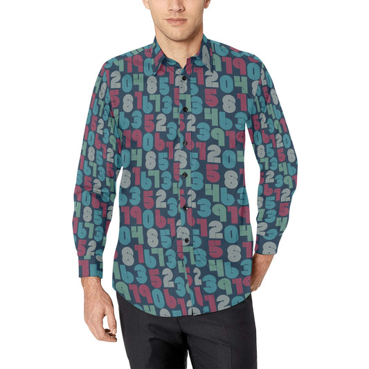 Retro Numbers Men Button Up Shirt, Teacher Long Sleeve Fun Math Science Geek Print Dress Buttoned Collar Collared Shirt Chest Pocket Guys