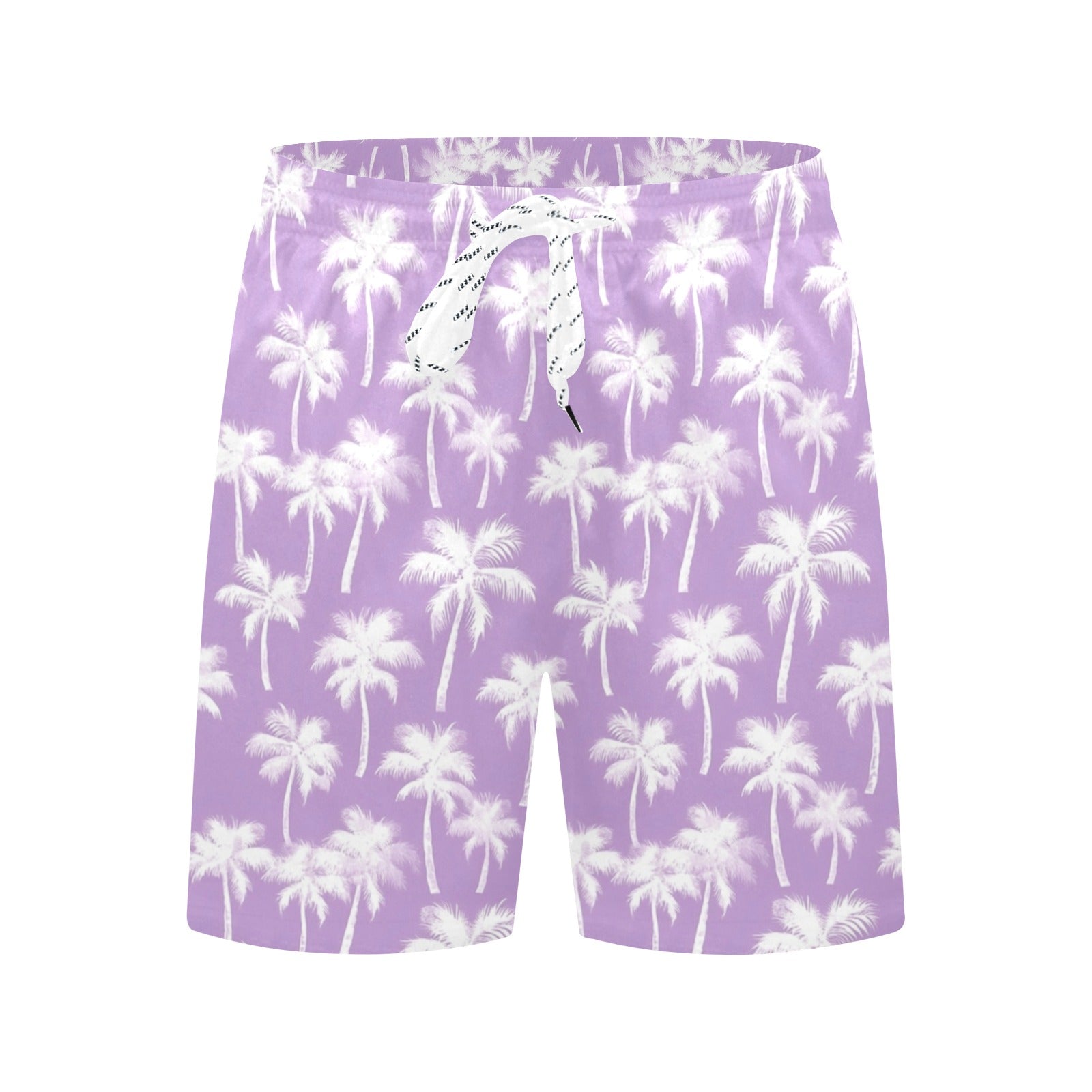 Lilac Palm Tree Men Mid Length Shorts, Lavender Purple Beach Swim Trunks Front Back Pockets Mesh Drawstring Boys Casual Bathing Suit Summer Starcove Fashion