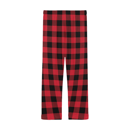 Red Buffalo Plaid Men Pajamas Pants, Black Tartan Check Christmas Xmas Satin PJ Pockets Sleep Trousers Couples Matching Trousers Bottoms