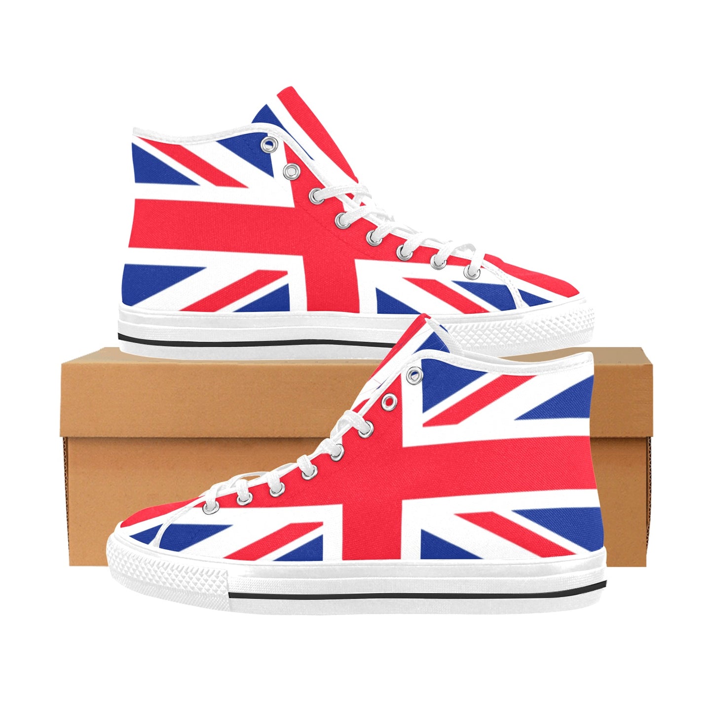British Flag Women High Top Shoes, Union Jack Red White Blue United Kingdom Lace Up Sneakers Footwear Canvas Streetwear Girls Designer