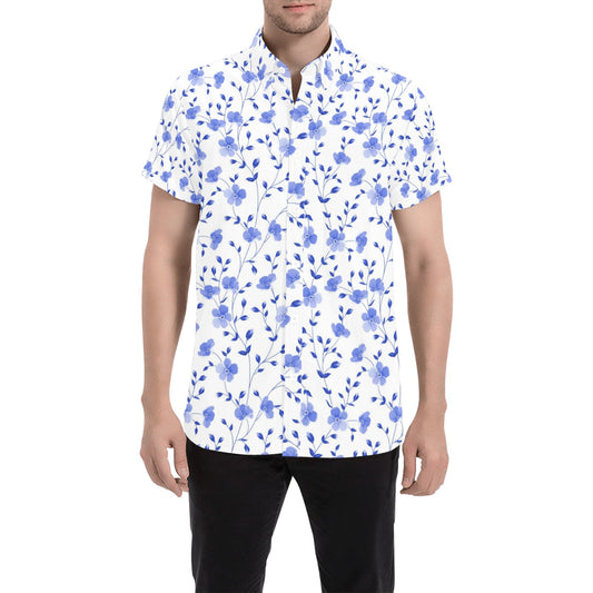 Blue Purple Flowers Short Sleeve Men Button Up Shirt, Floral White Print Casual Buttoned Down Summer Dress Shirt