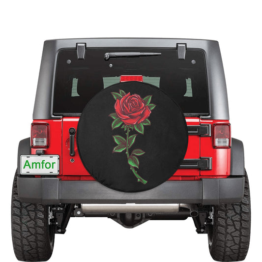 Rose Flowers Spare Tire Cover, Red Floral Tattoo Black Wheel Auto Back Up Camera Hole Unique Design Women Back RV Trailer Feminine
