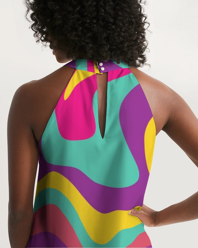 Funky Trippy Women Halter Dress, Colorful Retro Vintage 70s Summer Sleeveless Cocktail Mini Cute Handmade Designer Dress White base color / XL Funky Trippy Women Halter Dress, Colorful Retro Vintage 70s Summer Sleeveless Cocktail Mini Cute Handmade Designer Dress White base color / XL