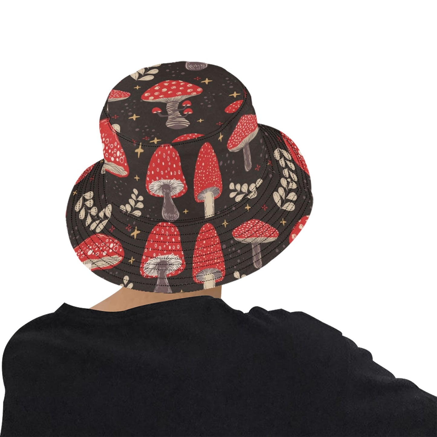 Red Mushroom Bucket Hat, Black Forest Retro Vintage Festival Cute Cottagecore Women Men Reversible Designer Beach Sun Shade Y2K Twill