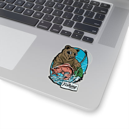 Bear Fishing Sticker, Salmon Laptop Decal Vinyl Cute Waterbottle Tumbler Car Waterproof Aesthetic Die Cut Wall Mural Gift Starcove Fashion