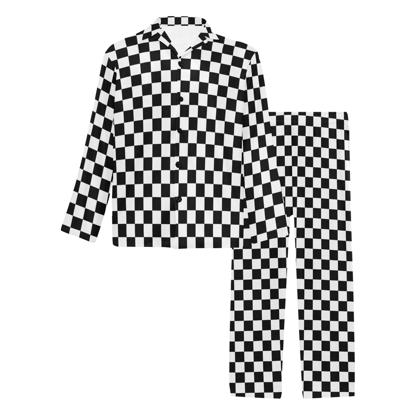 Checkered Men Pajama Set, Black White Check Guys Male 2 Piece Pants Print Long sleeve Top PJ Holiday Cozy Sleep Sleepwear