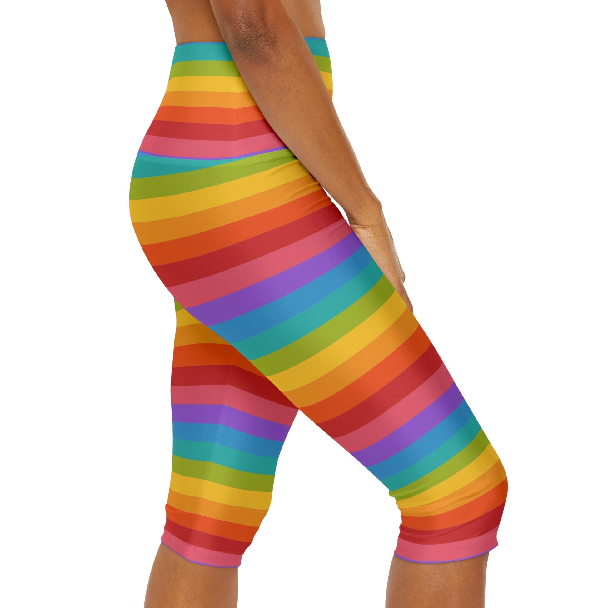 Rainbow Striped Capri Leggings Women, Knee Length Cropped Yoga Pants Printed High Waist Workout Gym Fun Designer Tights Pockets Starcove Fashion