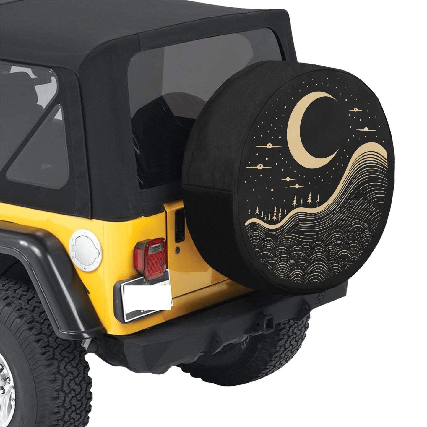 Moon Spare Tire Cover, Crescent Trees Wheel Mountains Line Drawing Unique Car Accessory Back Up Camera Hole Men Women Girls Camper Rear RV