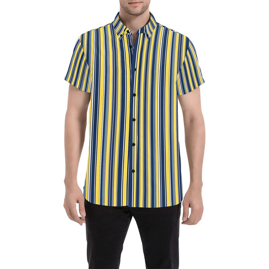 Blue and Yellow Short Sleeve Men Button Down Shirt, Vertical Stripes Vintage Retro Print Casual Buttoned Summer Dress Collared Shirt
