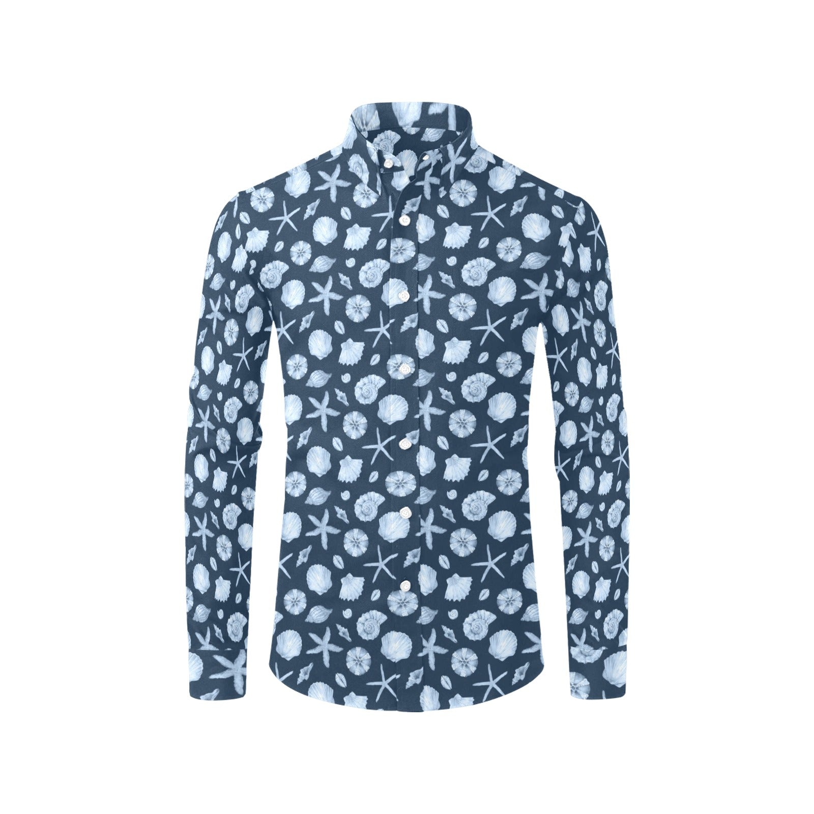 Ocean Men Button Up Shirt, Long Sleeve Beach Sea Shells Star Fish Blue Print Dress Buttoned Collar Dress Shirt with Chest Pocket Starcove Fashion