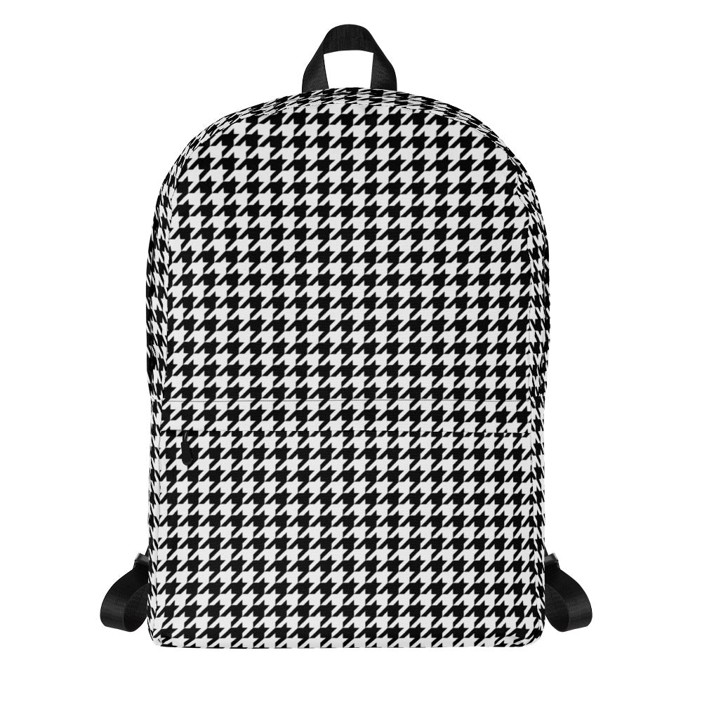 Houndstooth Backpack, 15" Laptop Black White Men Women Kids Gift Him Her School College Waterproof Pockets Aesthetic Canvas Bag