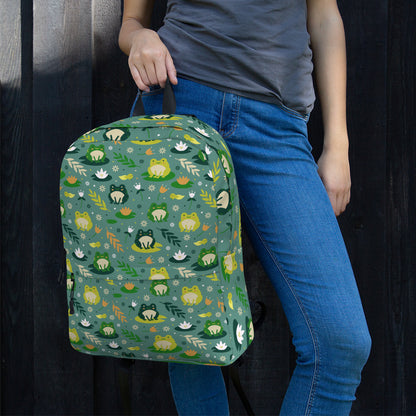 Frog Backpack, Cute Kawaii Green 15" Laptop Men Women Kids School College Waterproof Pockets Aesthetic Canvas Bag Gift