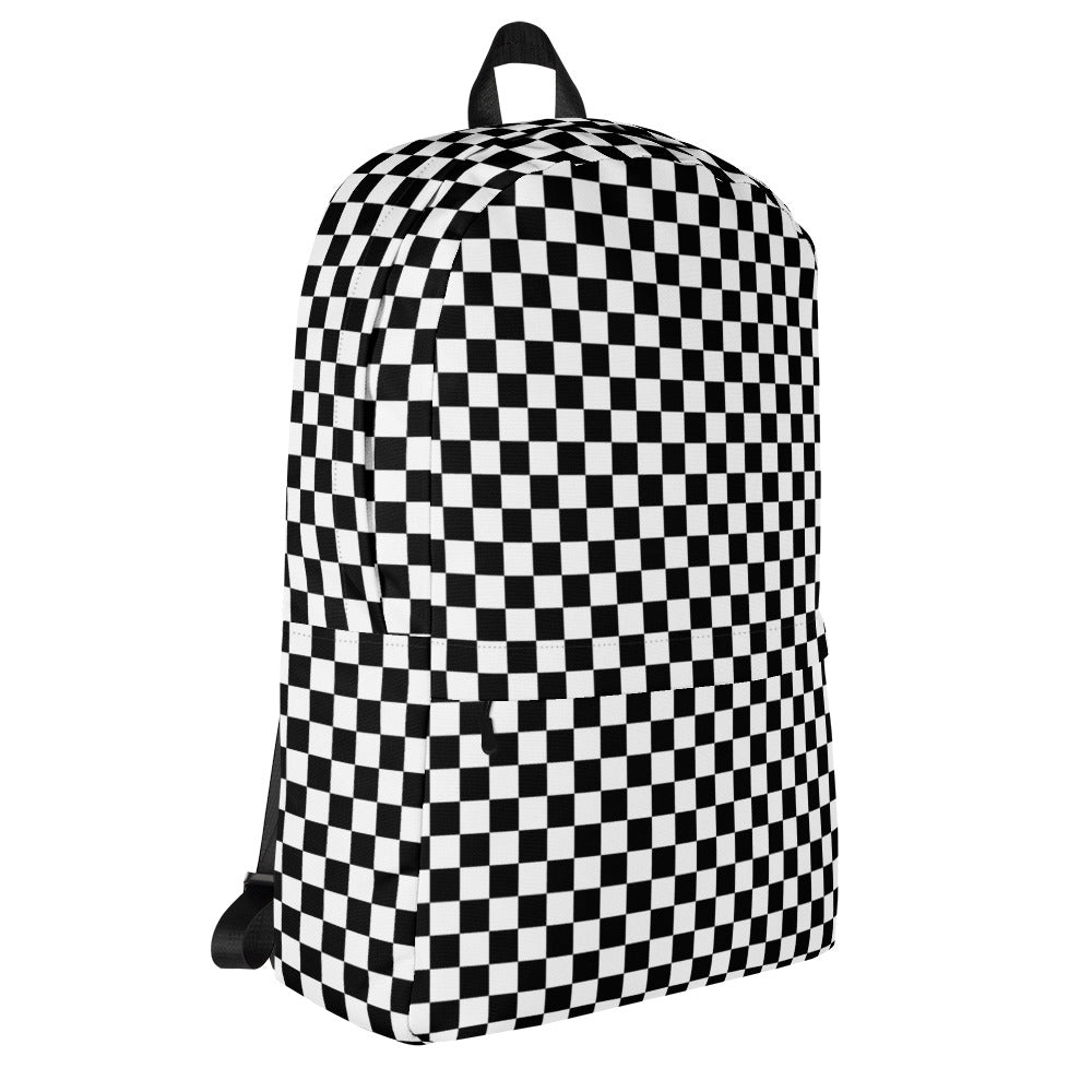 Checkered Canvas Backpack, Black White Racing Flag Check 15" Laptop Men Women Kids Gift Him Her College Waterproof Pockets Aesthetic Bag