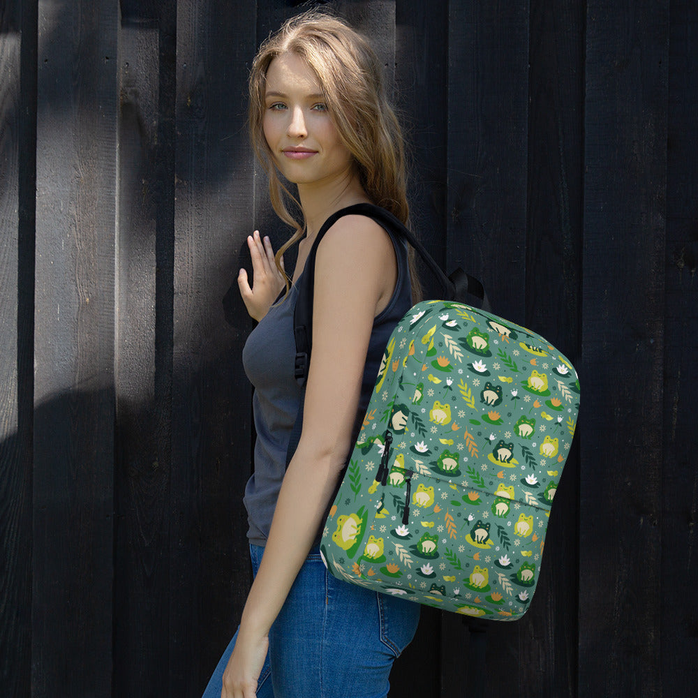 Frog Backpack, Cute Kawaii Green 15" Laptop Men Women Kids School College Waterproof Pockets Aesthetic Canvas Bag Gift