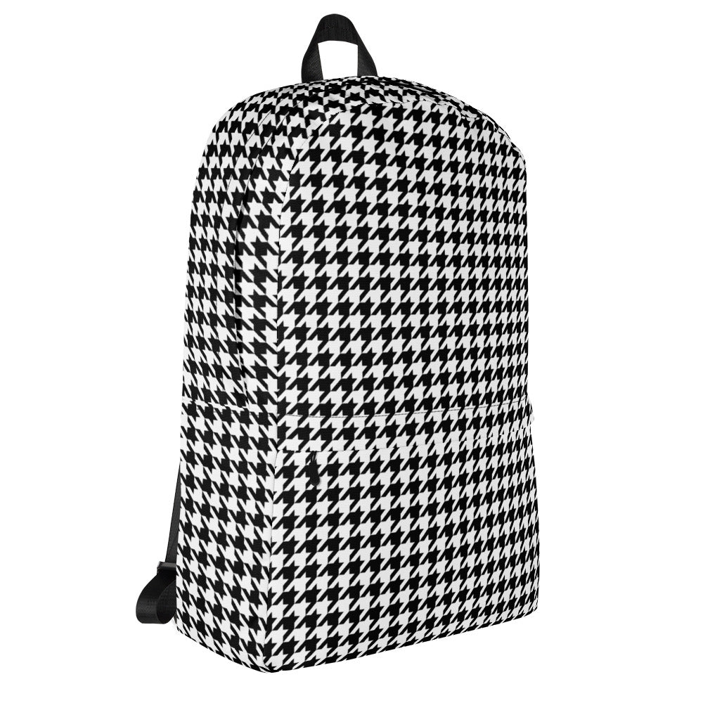 Houndstooth Backpack, 15" Laptop Black White Men Women Kids Gift Him Her School College Waterproof Pockets Aesthetic Canvas Bag