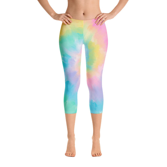 Pastel Tie Dye Capri Leggings Women, Watercolor Cropped Yoga Pants Printed Graphic Workout Gym Fun Designer Tights Gift Starcove Fashion