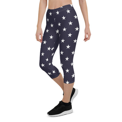 American Stars Capri Leggings for Women, USA America Patriotic Blue Navy 4th July Memorial Day Printed Yoga Pants Cute Gym Fun Designer Tights Gift Starcove Fashion