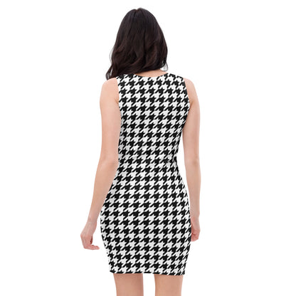 Houndstooth Bodycon Dress, Black White Pencil Homecoming Sleeveless Mini Cute Fitted Cocktail Party Women Sexy Starcove Fashion