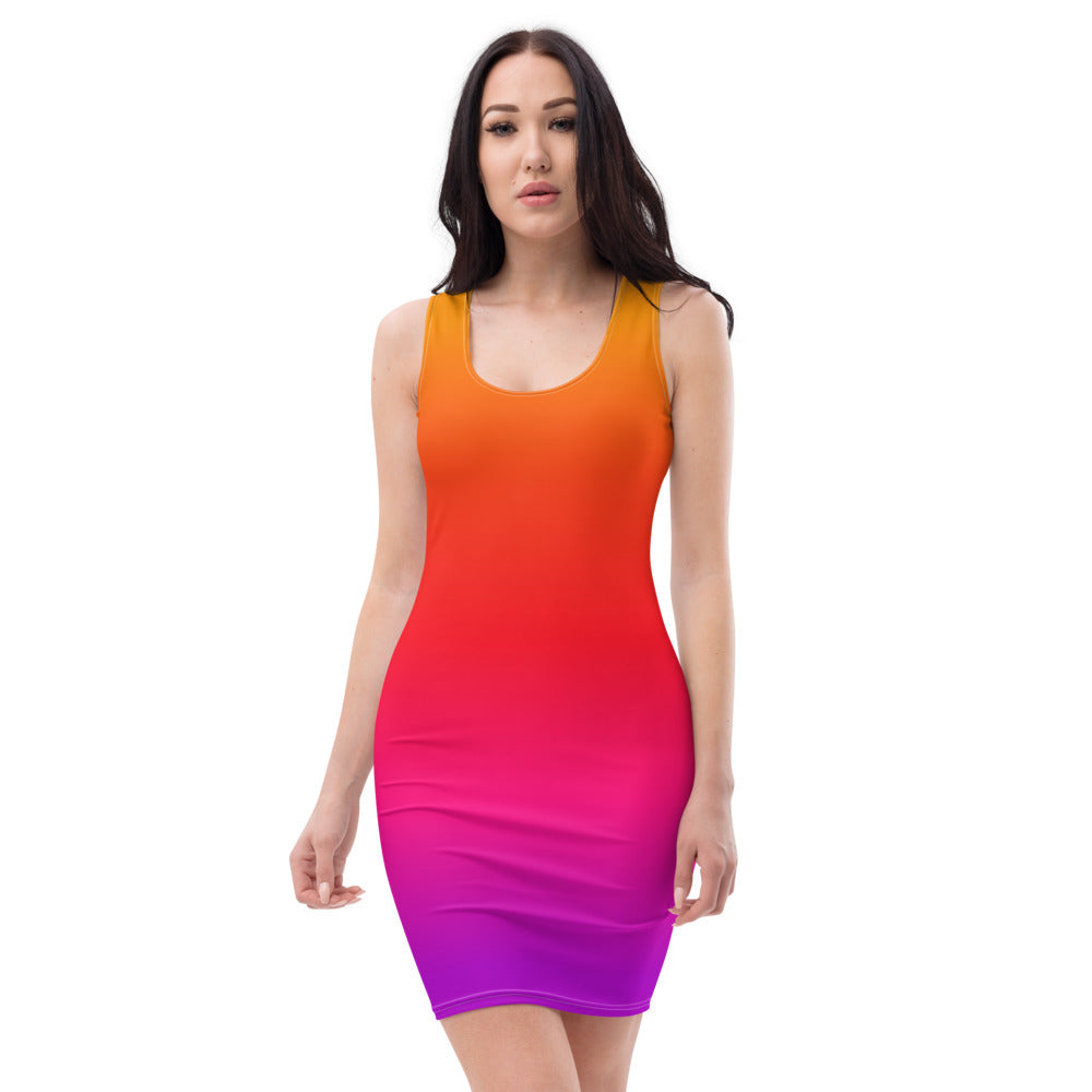 Ombre Orange Purple Bodycon Dress, Tie Dye Gradient Summer Sleeveless Mini Cute Pencil Fitted Cocktail Party Women Sexy Starcove Fashion