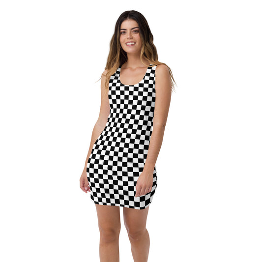 Checkered Bodycon Dress, Black White Check Pencil Fitted Homecoming Sleeveless Mini Cocktail Party Women Juniors Sexy Starcove Fashion