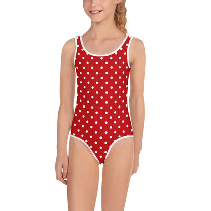 Red White Polka Dots Girls Swimsuit (2T-7), Retro One Piece Vintage Kids Toddler Bathing Suit Swim Swimming Children 60s Modest Swimwear Starcove Fashion