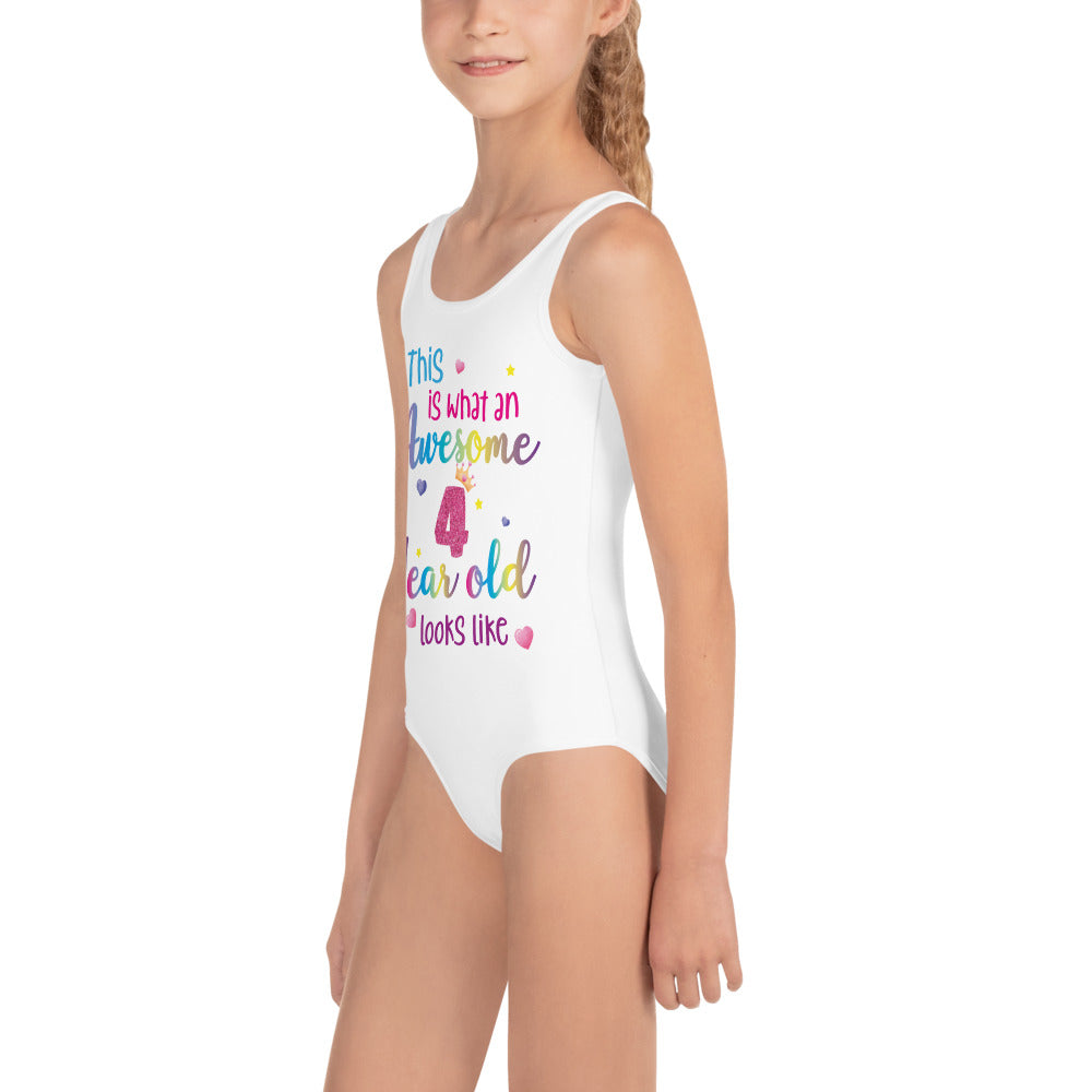 Awesome 4 Year Old Looks Like Little Girls Swimsuit, Custom Birthday 4th Fourth Year Fun Rainbow Party Gift Kids One Piece Bathing Suit Swimming Starcove Fashion