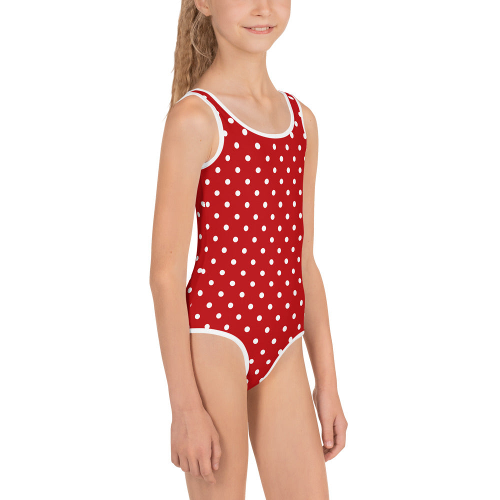 Red White Polka Dots Girls Swimsuit (2T-7), Retro One Piece Vintage Kids Toddler Bathing Suit Swim Swimming Children 60s Modest Swimwear