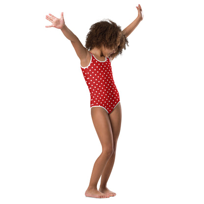Red White Polka Dots Girls Swimsuit (2T-7), Retro One Piece Vintage Kids Toddler Bathing Suit Swim Swimming Children 60s Modest Swimwear