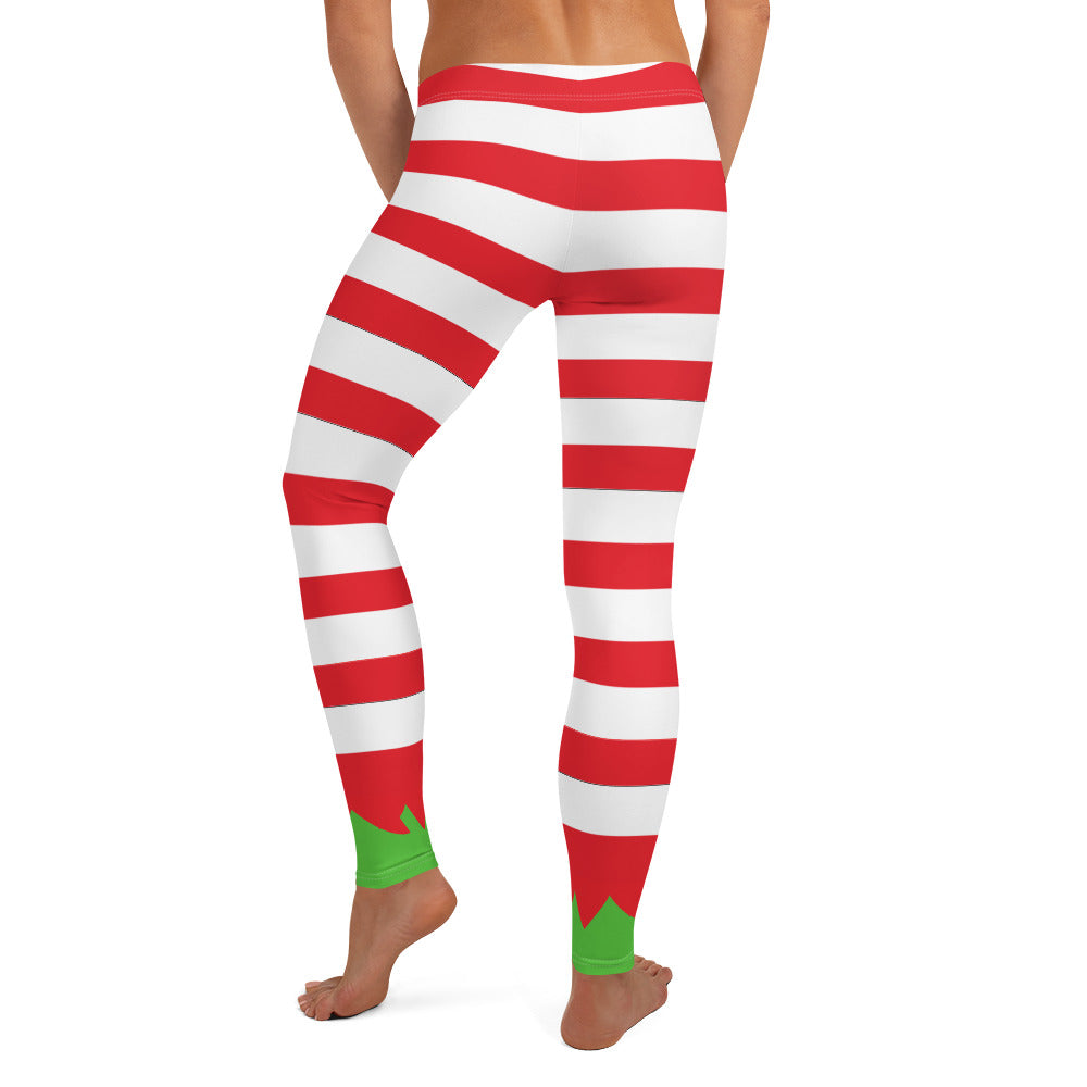 Christmas Elf Leggings, Striped Red White Winter Holiday Xmas Vacation Women Printed Yoga Pants Costume Outfit Cosplay Starcove Fashion