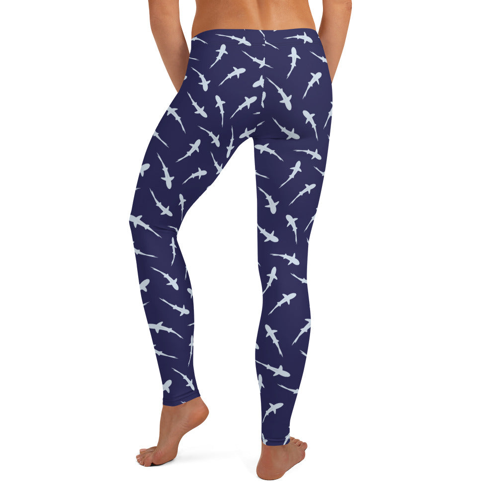 Shark Leggings Women, Marine Animal Navy Blue Printed Yoga Pants Graphic Workout Running Gym Fun Designer Tights Gift Starcove Fashion