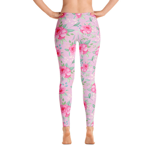 Pink Roses Leggings Women, Flowers Floral Red Printed Yoga Pants Cute Graphic Workout Running Gym Fun Designer Tights Gift Starcove Fashion