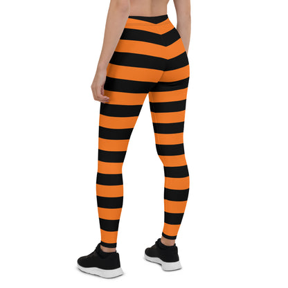 Black Orange Striped Leggings Women, Halloween Witch Tights Goth Pumpkin Printed Yoga Pants Cute Adult Workout Designer Gift Starcove Fashion