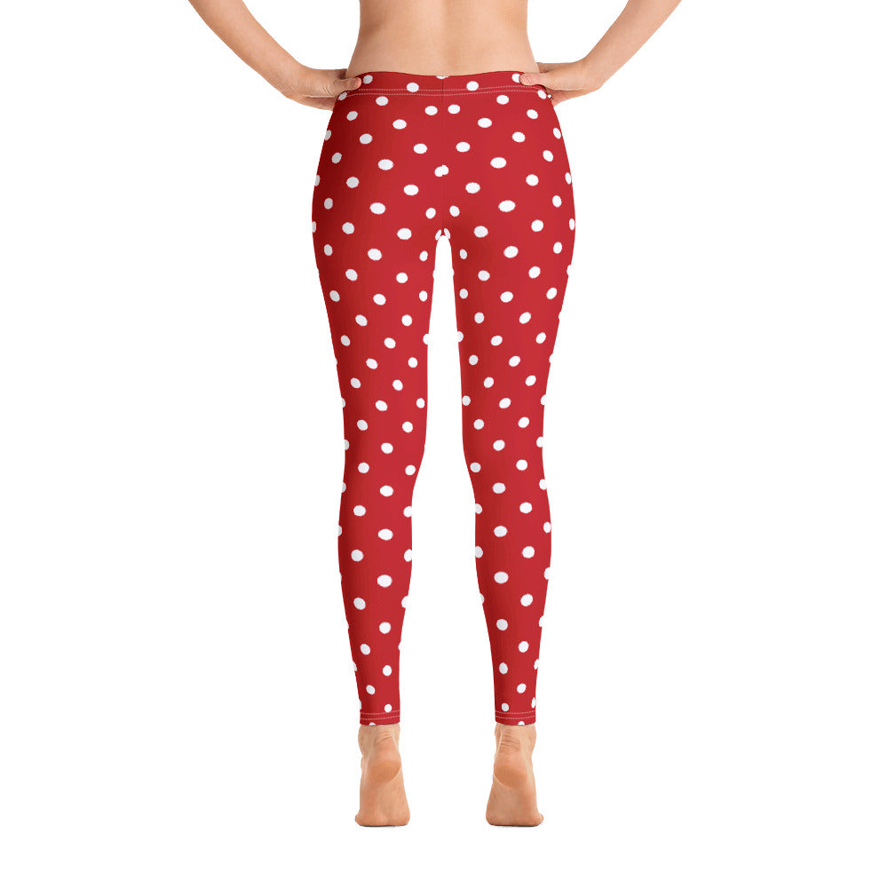 Red and White Polka Dot Leggings, Christmas Leggings Women Yoga Pants Printed Print Cute Graphic Workout Running Gym Fun Designer Starcove Fashion