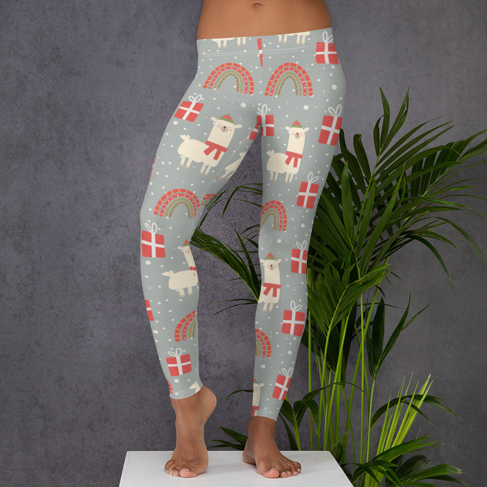 LLama Christmas Leggings Women, Rainbow Alpaca Holiday Xmas Printed Yoga Pants Cute Graphic Workout Running Gym Fun Designer Tights Gift Starcove Fashion