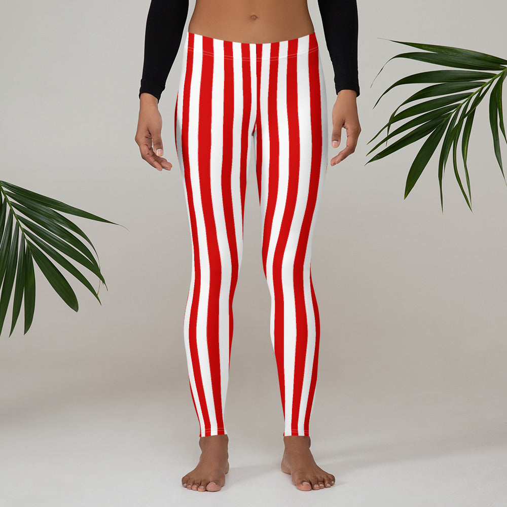 Red White Striped Leggings Women, Stripe Printed Yoga Pants Cute