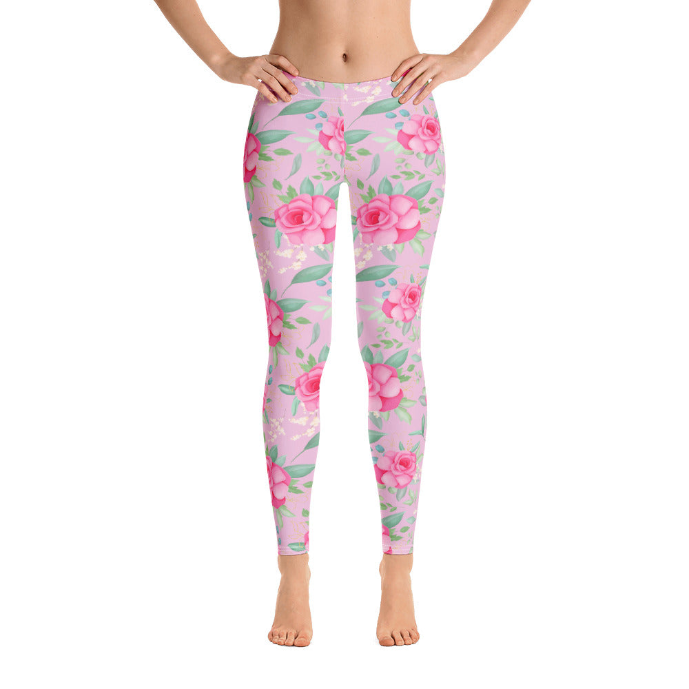 Pink Roses Leggings Women, Flowers Floral Red Printed Yoga Pants Cute Graphic Workout Running Gym Fun Designer Tights Gift Starcove Fashion