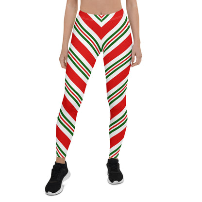 Christmas Candy Cane Leggings, Red White Green Striped Elf Printed Yoga Workout Winter Party Women Pants Starcove Fashion