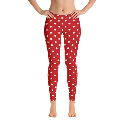 Red and White Polka Dot Leggings, Christmas Leggings Women Yoga Pants Printed Print Cute Graphic Workout Running Gym Fun Designer Starcove Fashion
