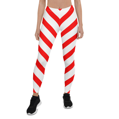 Candy Cane Leggings Women, Red White Striped Printed Yoga Pants Holiday Christmas Workout Fun Designer Tights Starcove Fashion