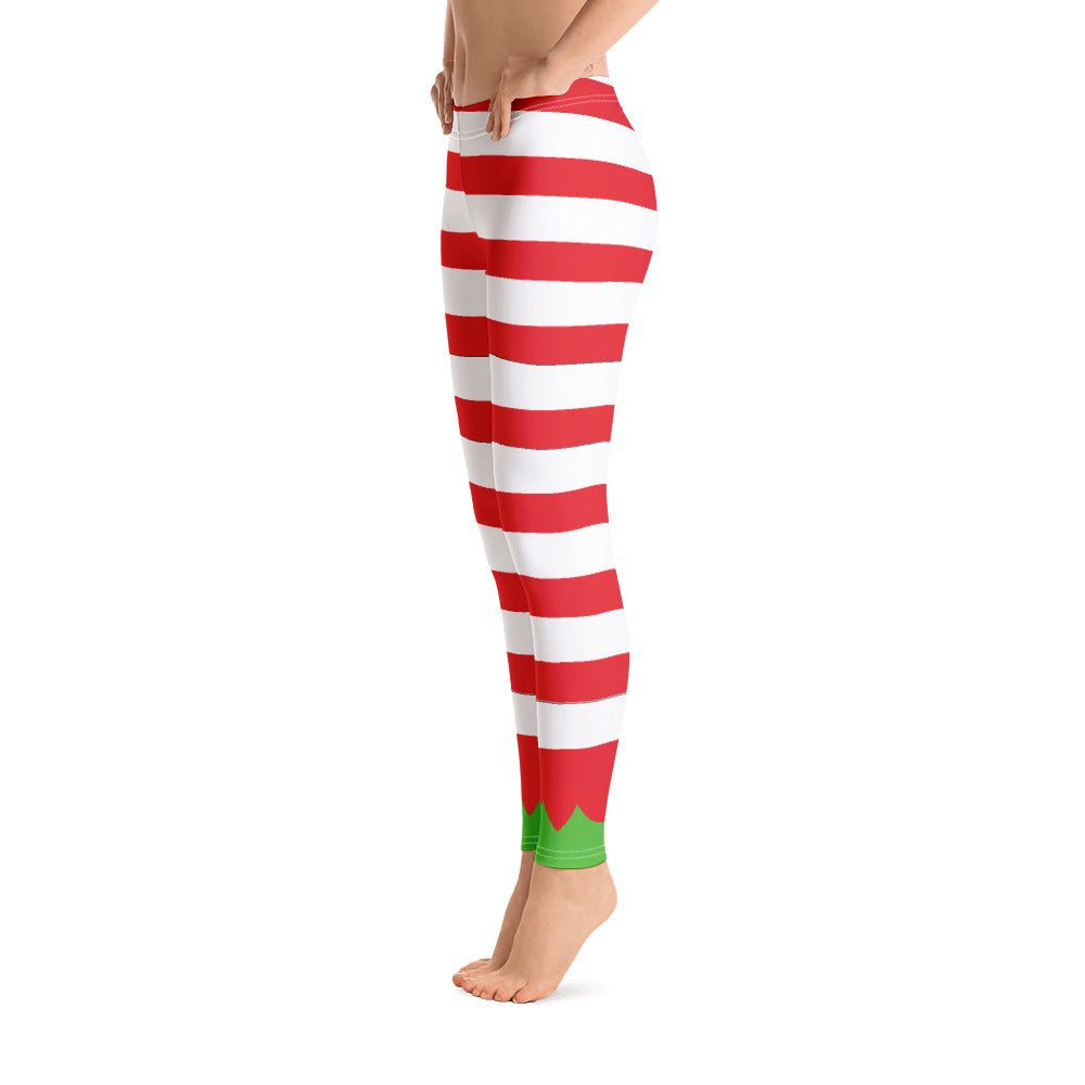 Christmas Elf Leggings, Striped Red White Winter Holiday Xmas Vacation Women Printed Yoga Pants Costume Outfit Cosplay Starcove Fashion