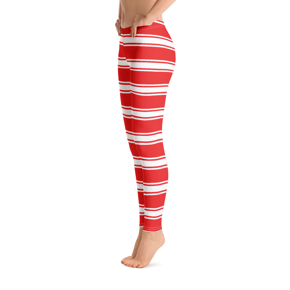 Red Striped Christmas Leggings Women, Candy Cane Elf Xmas Stripe Holiday Printed Yoga Pants Cute Graphic Fun Designer Tights Gift Starcove Fashion