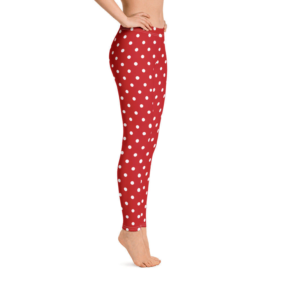 Red White Polka Dot Leggings, Christmas Leggings for Women Yoga Pants Printed Print Cute Graphic Workout Running Gym Fun Designer Starcove Fashion