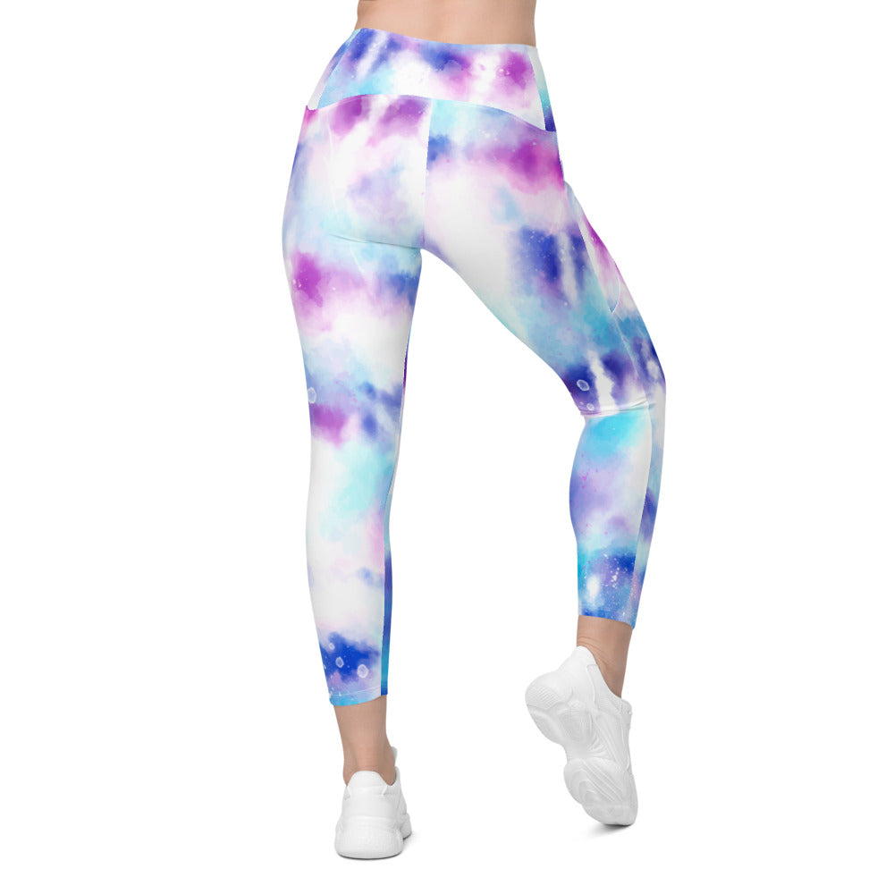 Purple Blue Tie Dye Women Leggings Side Pockets, Printed Yoga Pants Graphic Workout Running Gym Designer Plus Size Tights Starcove Fashion