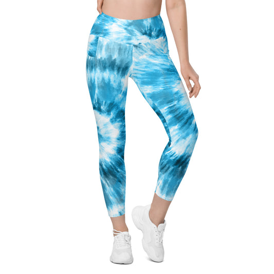 Blue Tie dye Women Leggings Side Pockets, Spiral Printed Yoga Pants Graphic Workout Running Gym Designer Plus Size Tights Starcove Fashion